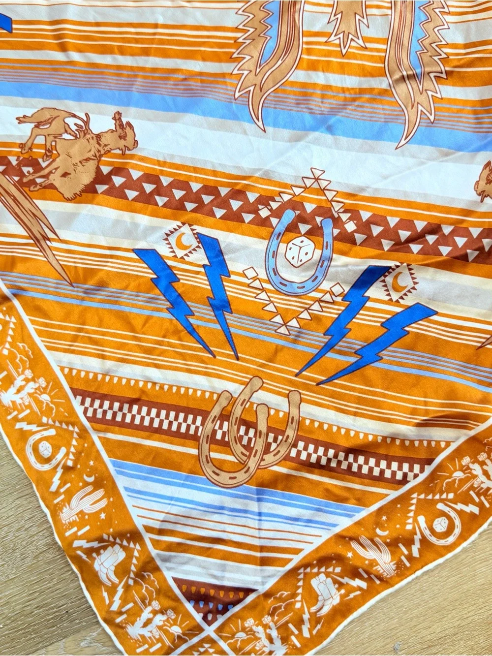 100% Silk Southwest Wild Rag Cowboy Hand Stitched Scarf Lightning Bolt Horse